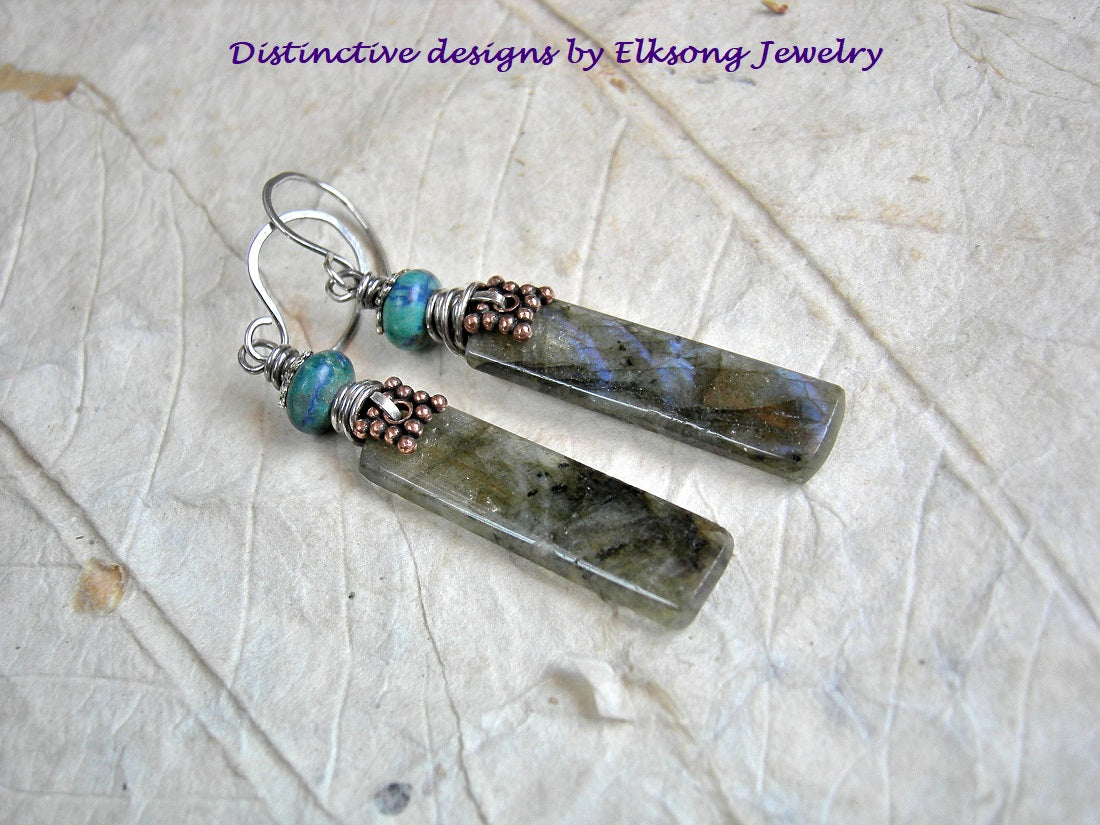 Elegant labradorite tab earrings, grey stone with blue flashes, azurmalachite beads & sterling wire wrap.