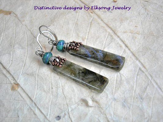 Elegant labradorite tab earrings, grey stone with blue flashes, azurmalachite beads & sterling wire wrap.