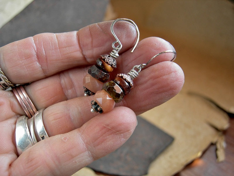 Faceted, warm color gem stack earrings with orange sunstone, hessonite garnet & red tiger eye. 