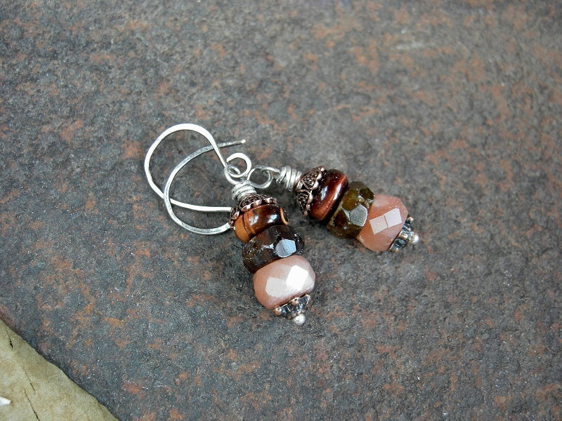 Simple gems stack earrings with warm color faceted sunstone, hessonite garnet & red tiger eye. 