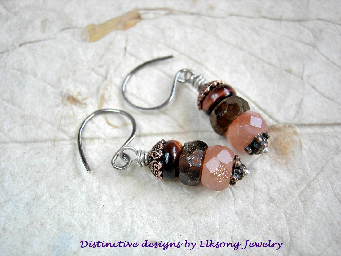 Rich, warm color gems stack earrings with faceted sunstone, hessonite garnet & red tiger eye. 