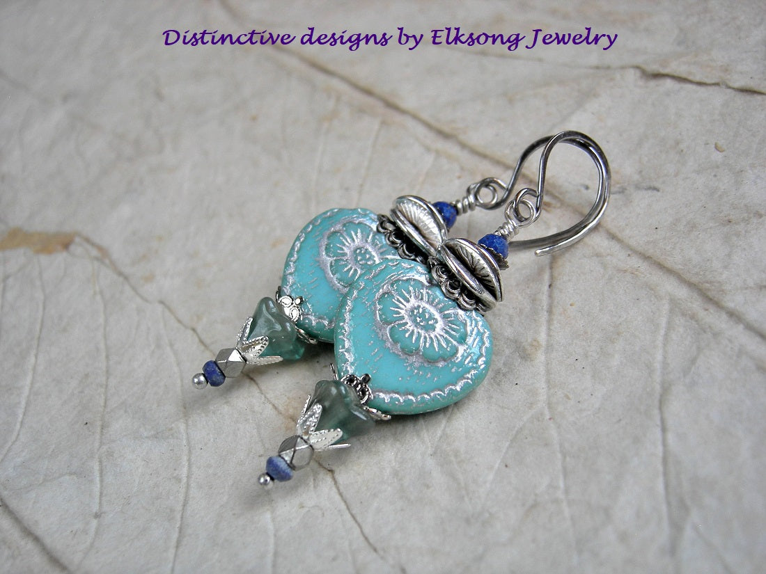 Soft blue heart earrings with pressed glass beads, blue lapis & silver details. 