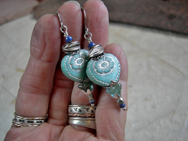 Bead stack earrings with soft blue glass heart & flower beads, genuine lapis & silver.