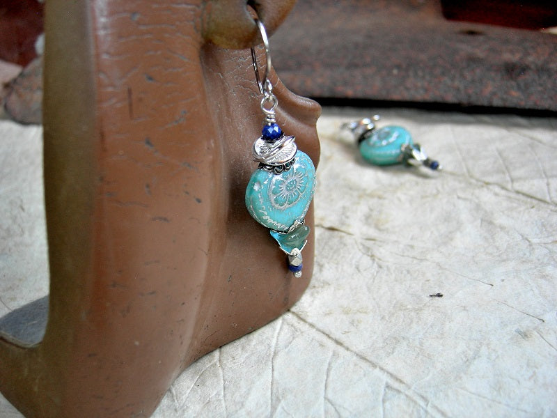 Blue glass, silver & lapis gemstone earrings with heart & flower shaped beads. 