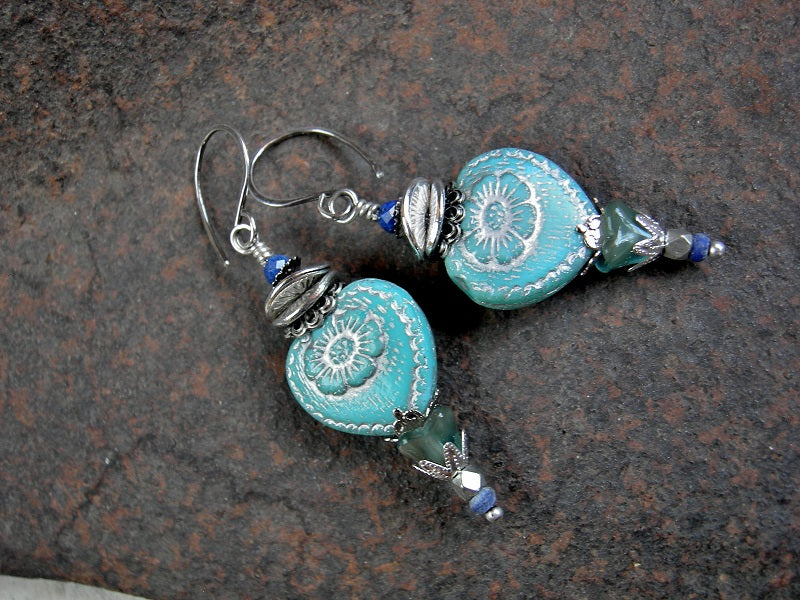 Romantic blue glass heart & flower earrings with silvery details & genuine lapis gemstone beads. 