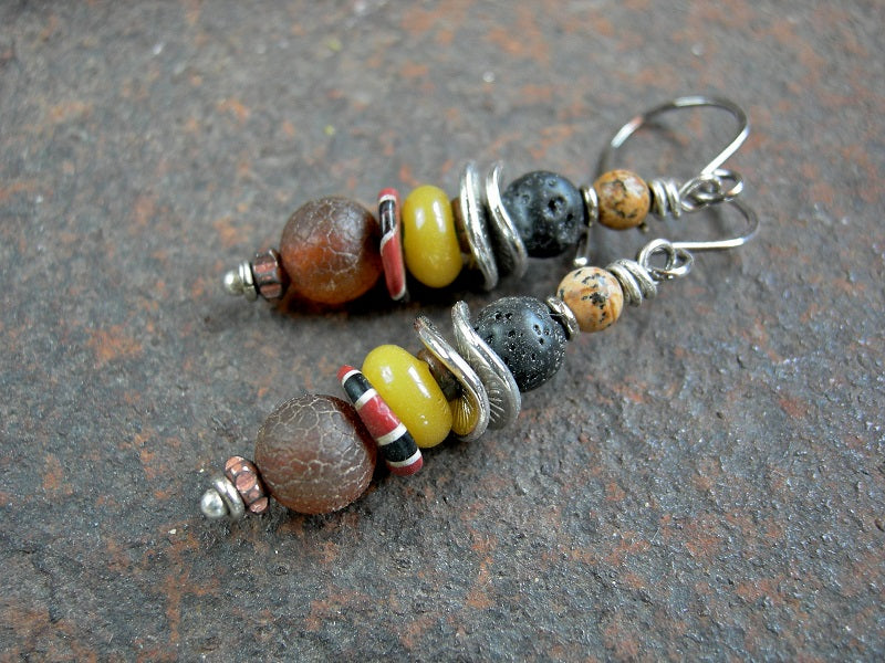 Warm color boho earrings, bead stacks of vintage glass, rustic carnelian & lava stone, silver discs.