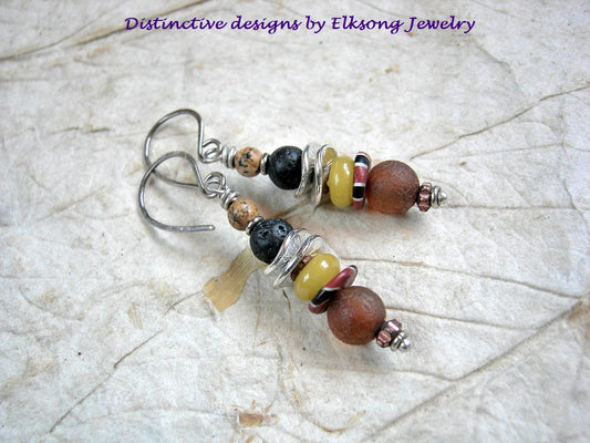 Earthy vintage glass & carnelian earrings, yellow, orange & black. Sterling ear wires. 