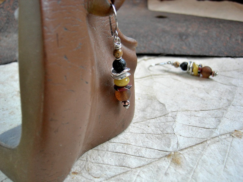 Earthy bead stack earrings, orange, yellow & black stone & vintage glass. 
