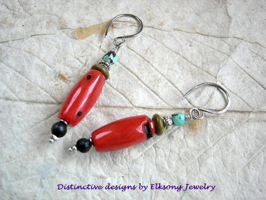 Colorful coral & turquoise earrings with black lava stone. Sterling ear wires. 