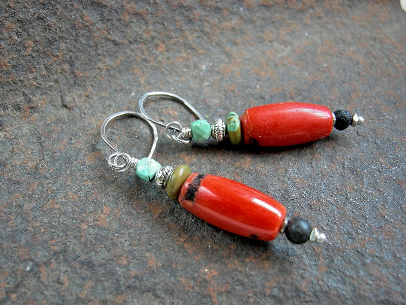 Bead stack style coral & turquoise earrings with black lava stone. Sterling ear wires. 