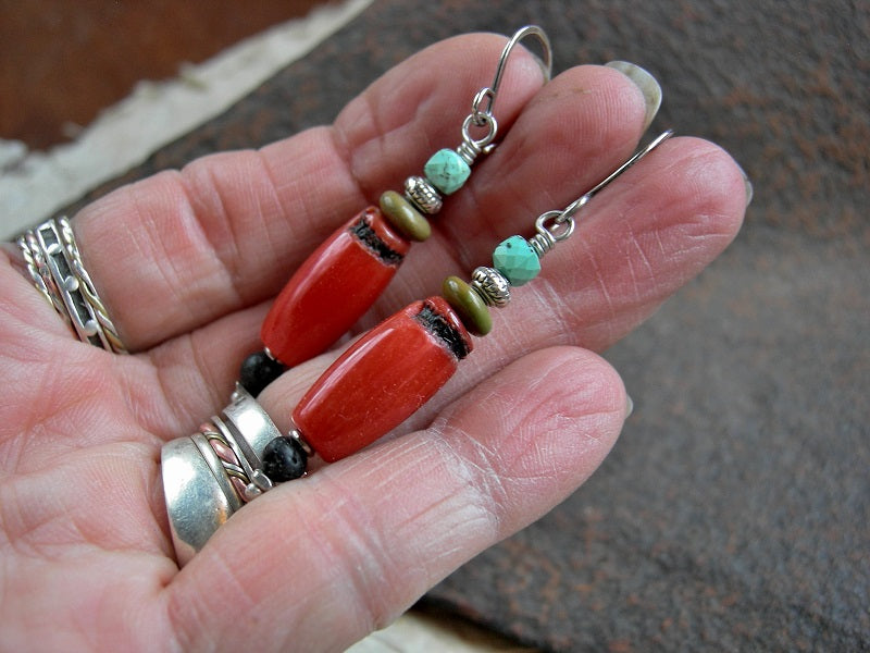 Boho elegant coral & turquoise earrings with black lava stone. Sterling ear wires. 