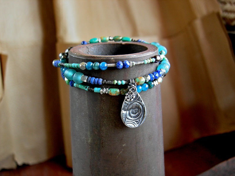 Boho luxe asymmetrical necklace or wrap bracelet with lapis, turquoise, apatite, colored pearl & Java glass. Silver details & tear drop focal. 
