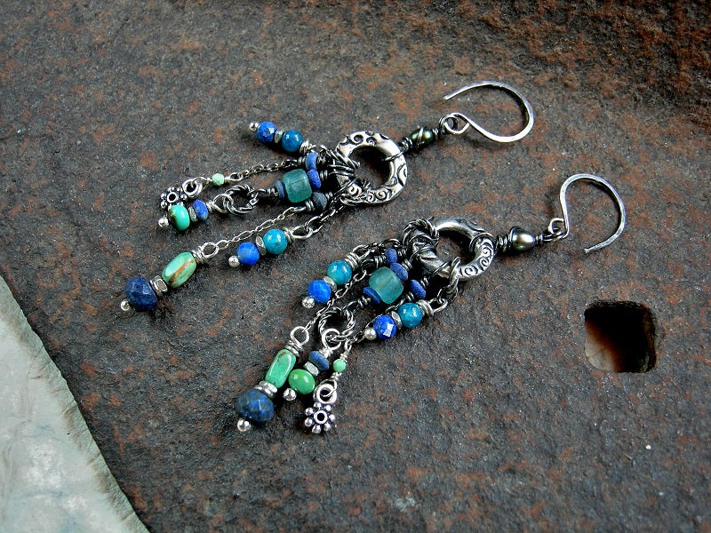 Boho luxe chandelier earrings with natural blue lapis, genuine turquoise, aqua apatite, freshwater pearl & lots of silvery details. 