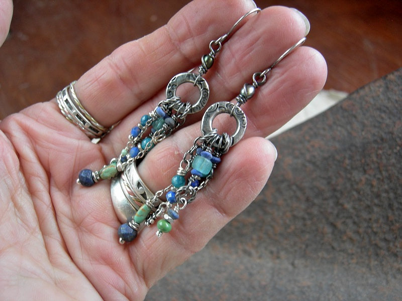 Blue gemstone & glass chandelier earrings with natural lapis, genuine turquoise, apatite, freshwater pearl & lots of silvery details. 