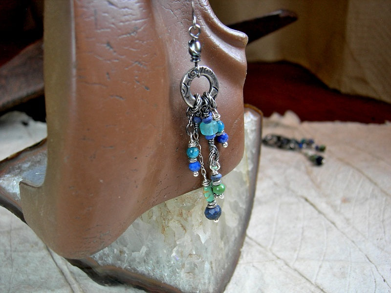 Slinky blue chandelier earrings with natural lapis, genuine turquoise, apatite, freshwater pearl & lots of silvery details. 