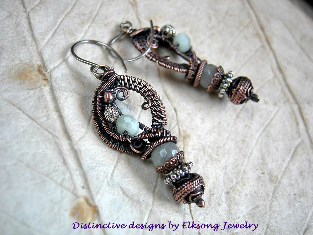 Seafoam earrings with faceted aquamarine & green moonstone, copper & silver beads and oxidized copper wire wrap. 