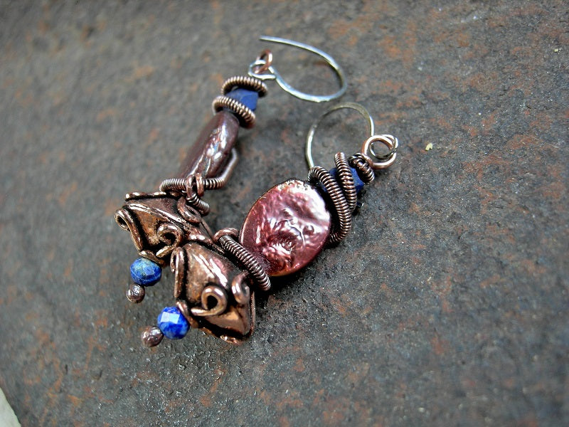 Colored freshwater pearl & lapis earrings with ornate solid copper saucer beads & copper wire wrap coils. 
