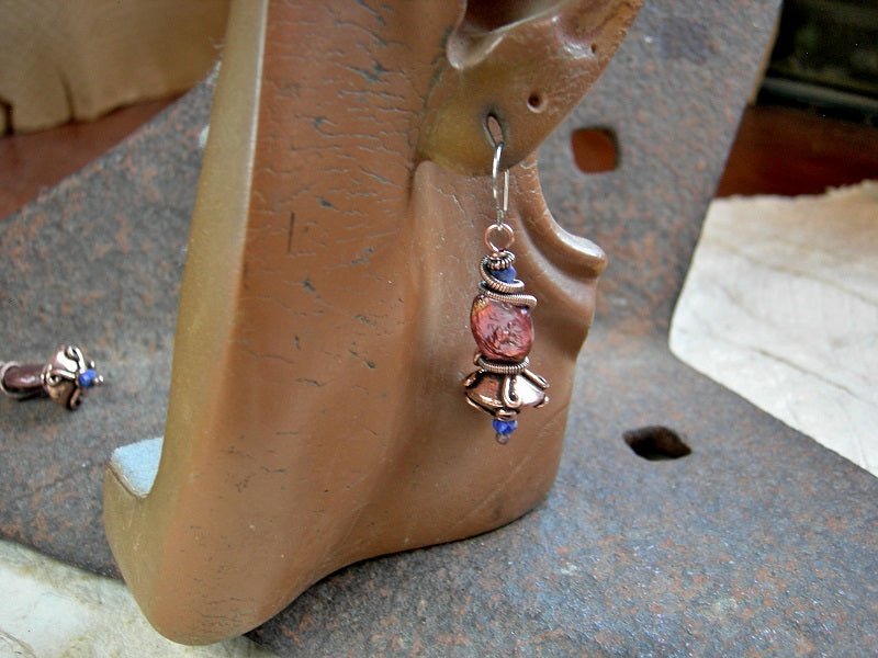 Boho luxe earrings with colored freshwater pearl, faceted lapis & copper wire wrap coils.