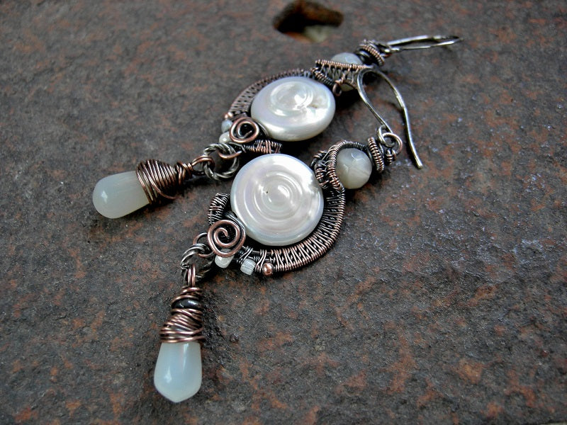 Boho elegant earrings with freshwater pearl "moons", oxidized copper wire wrap & moonstone beads. 