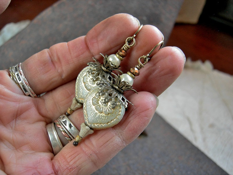 Bohemian romance white heart earrings, Victorian style brass filigree, glass pearls & flowers, bronze metallic faceted crystal rondelles. 