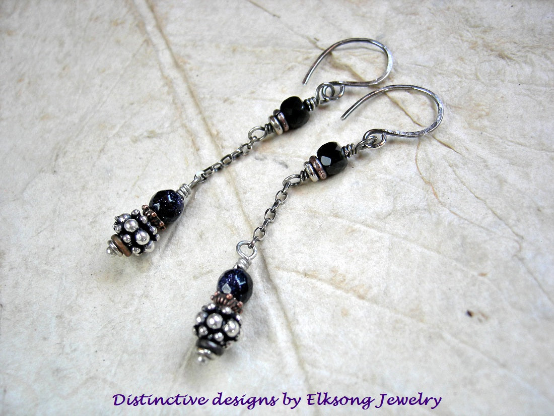 Slinky chain drop earrings with faceted black obsidian & blue goldstone, sterling chain & silver Bali beads. 
