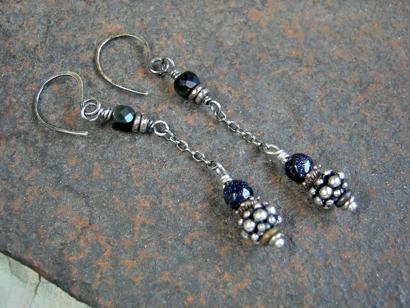Elegant chain drop earrings with faceted black obsidian & blue goldstone, sterling chain & silver Bali beads. 