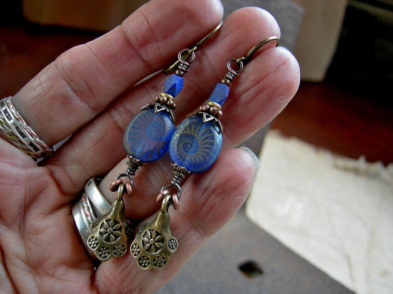 Bohemian blue & gold earrings with oval glass, nautilus decorated beads, faceted lapis & antiqued gold scallop drops. 