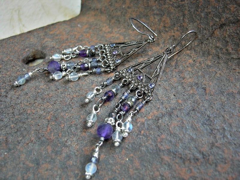 Twilight Rain five drop chandelier earrings with dark silver triangular hangers, amethyst, iolite & labradorite
