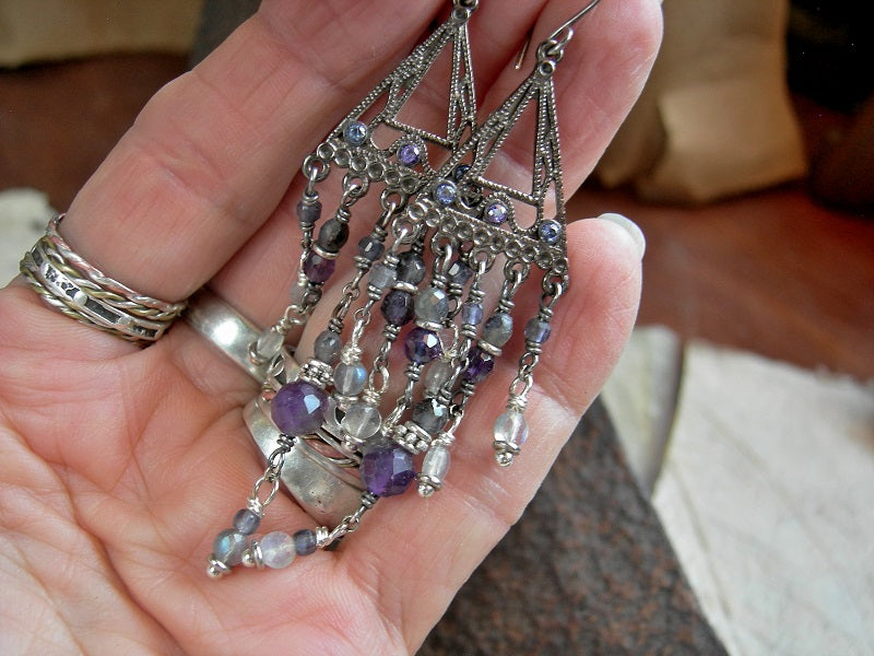 Boho luxe gemstone chandelier earrings with dark silver triangular hangers, amethyst, iolite & labradorite