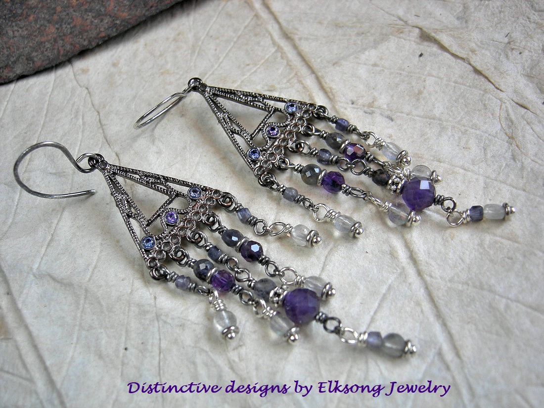 Gemstone chandelier earrings with dark silver triangular hangers, amethyst, iolite & labradorite