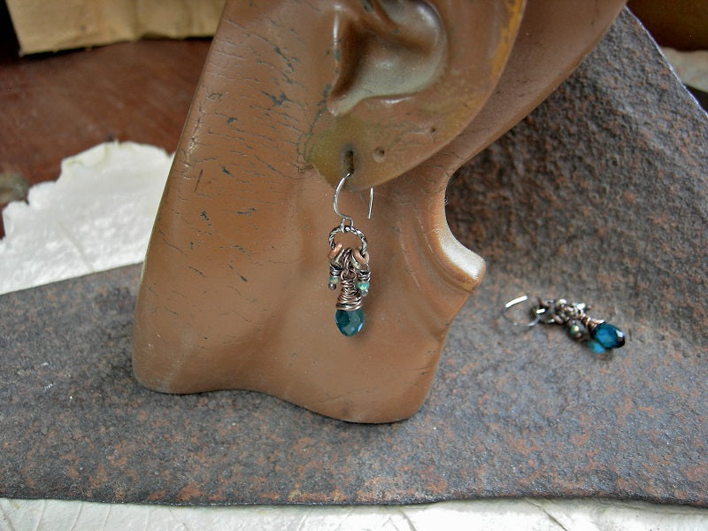 Aqua Sparkler earrings, short & sweet minimalist style, faceted crystal drops & glass beads. 