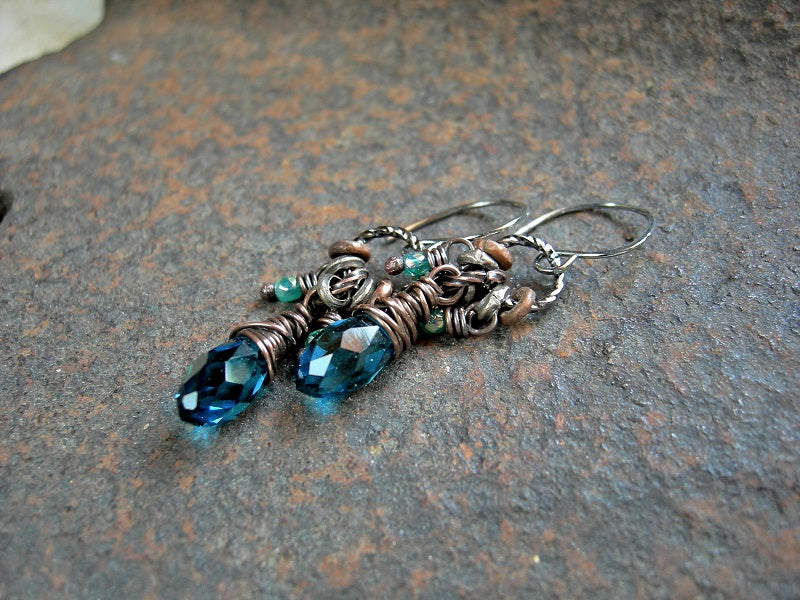 Dainty, sparkling aqua crystal & faceted glass bead earrings, minimalist design. 