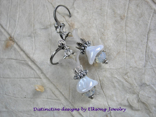 Snow Drop earrings with white glass & resin flowers, silver finish caps, opal white crystal rondelles & diamond Swarovski crystals.