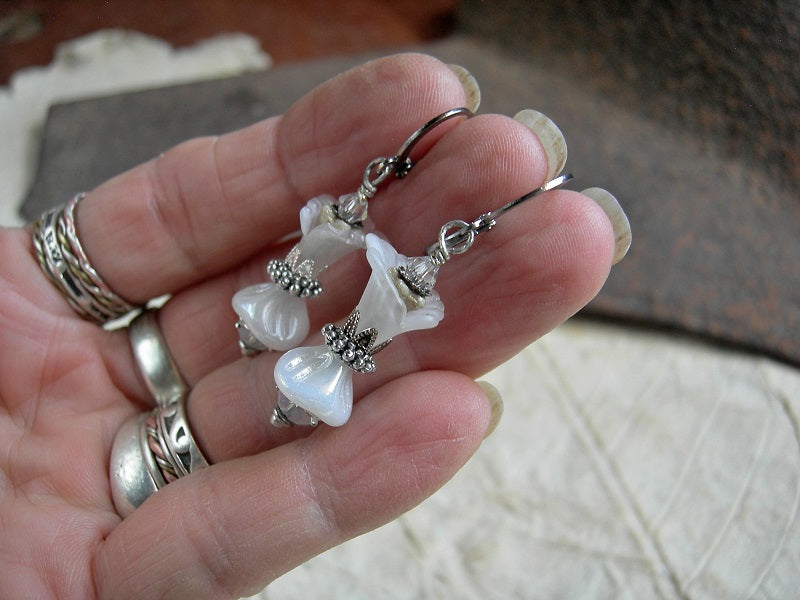 Faery couture earrings in icy white with glass & resin flowers, silver finish caps, opal white crystal rondelles & diamond Swarovski crystals.