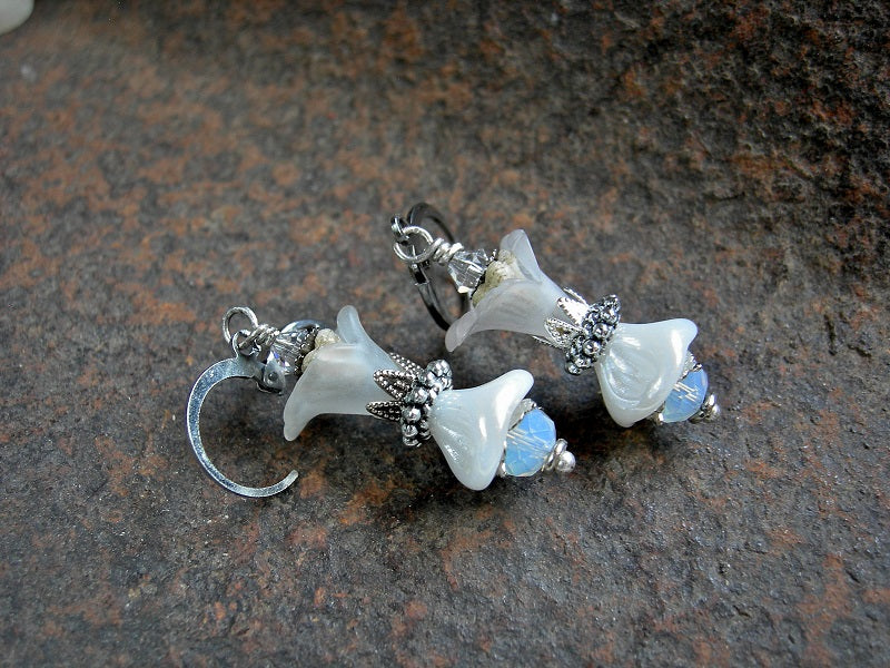 Icy white flower earrings with glass & resin flowers, silver finish caps, opal white crystal rondelles & diamond Swarovski crystals.