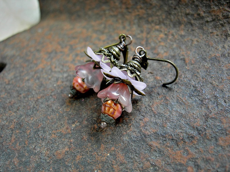 Faery couture pink flower earrings with glass & resin blossoms, antiqued brass & vintage Czech glass beads. 