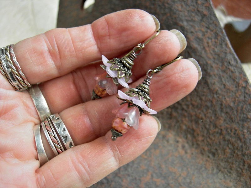 Fairy flower earrings with pink glass & resin blossoms, antiqued brass & vintage Czech glass beads. 