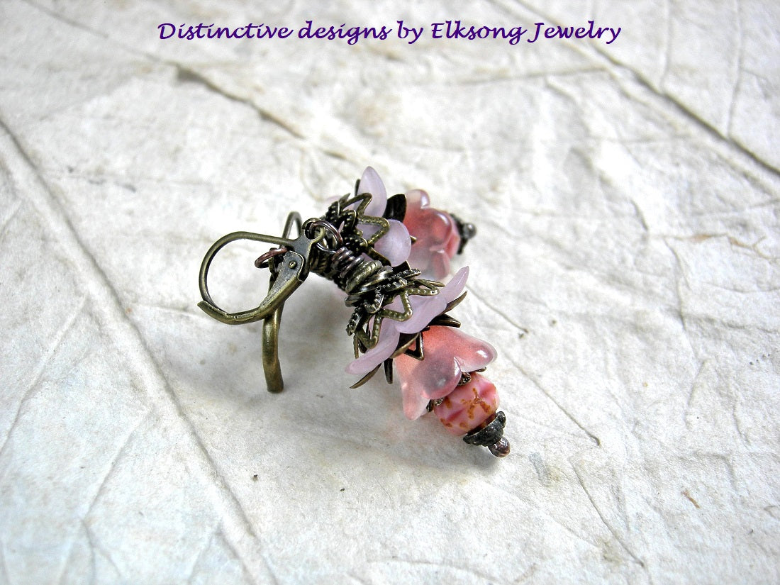 Dainty pink flower earrings with glass & resin blossoms, antiqued brass & vintage Czech glass beads. 