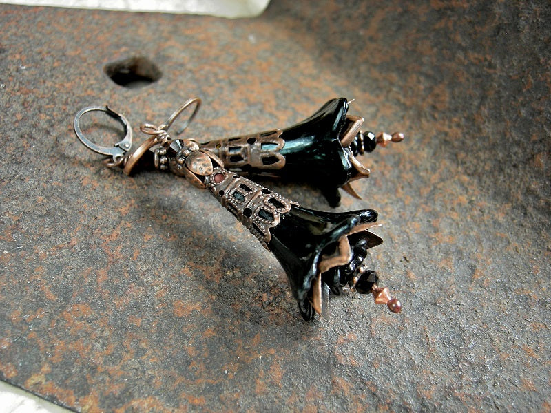 Black faery couture earrings with glossy & frosted resin flowers, crystal rondelles, copper filigree details. 