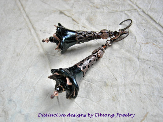 Black flower wand earrings with glossy & frosted resin flowers, crystal rondelles, copper filigree details. 