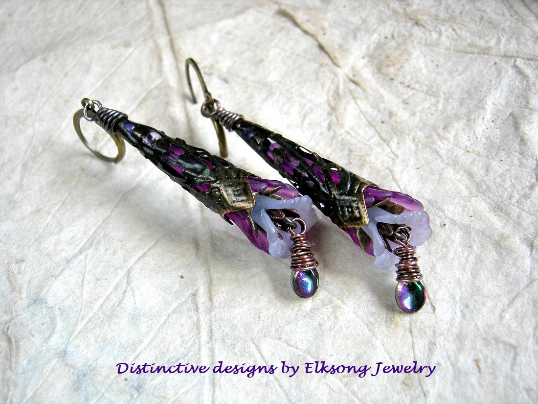 Lilac flower wand earrings with vintage German resin fluted flowers, antiqued brass cones & vitrail glass tear drops. 