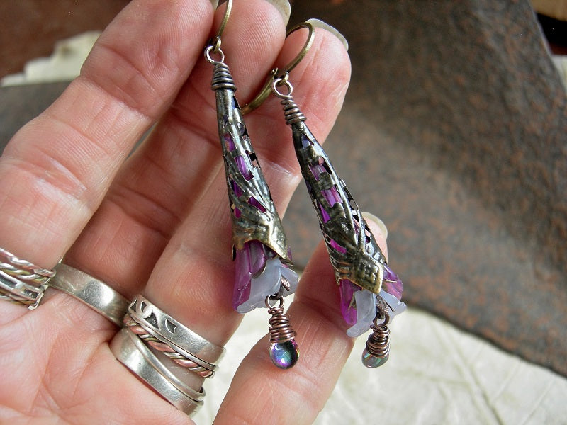 Faery couture lilac colored flower wand earrings with vintage German resin fluted flowers, antiqued brass cones & vitrail glass tear drops. 