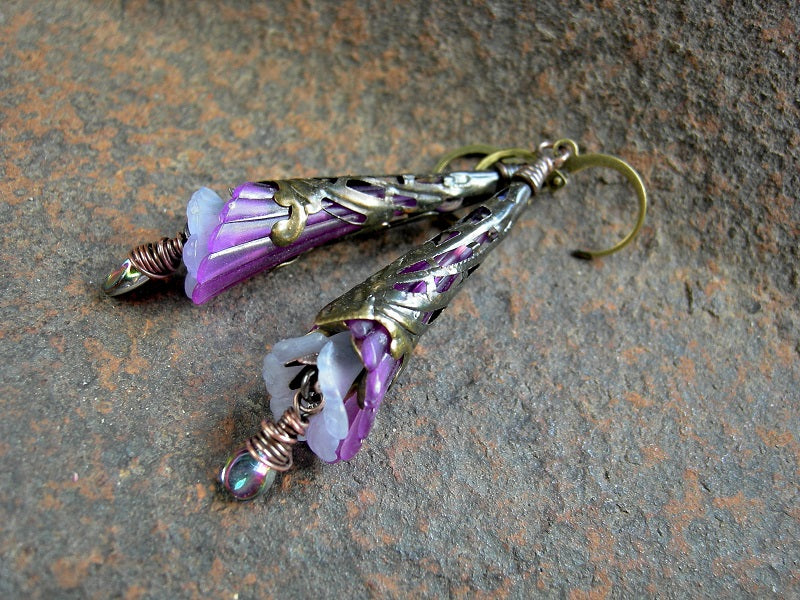 Flower wand earrings in French lilac colors with vintage German resin fluted flowers, antiqued brass cones & vitrail glass tear drops. 