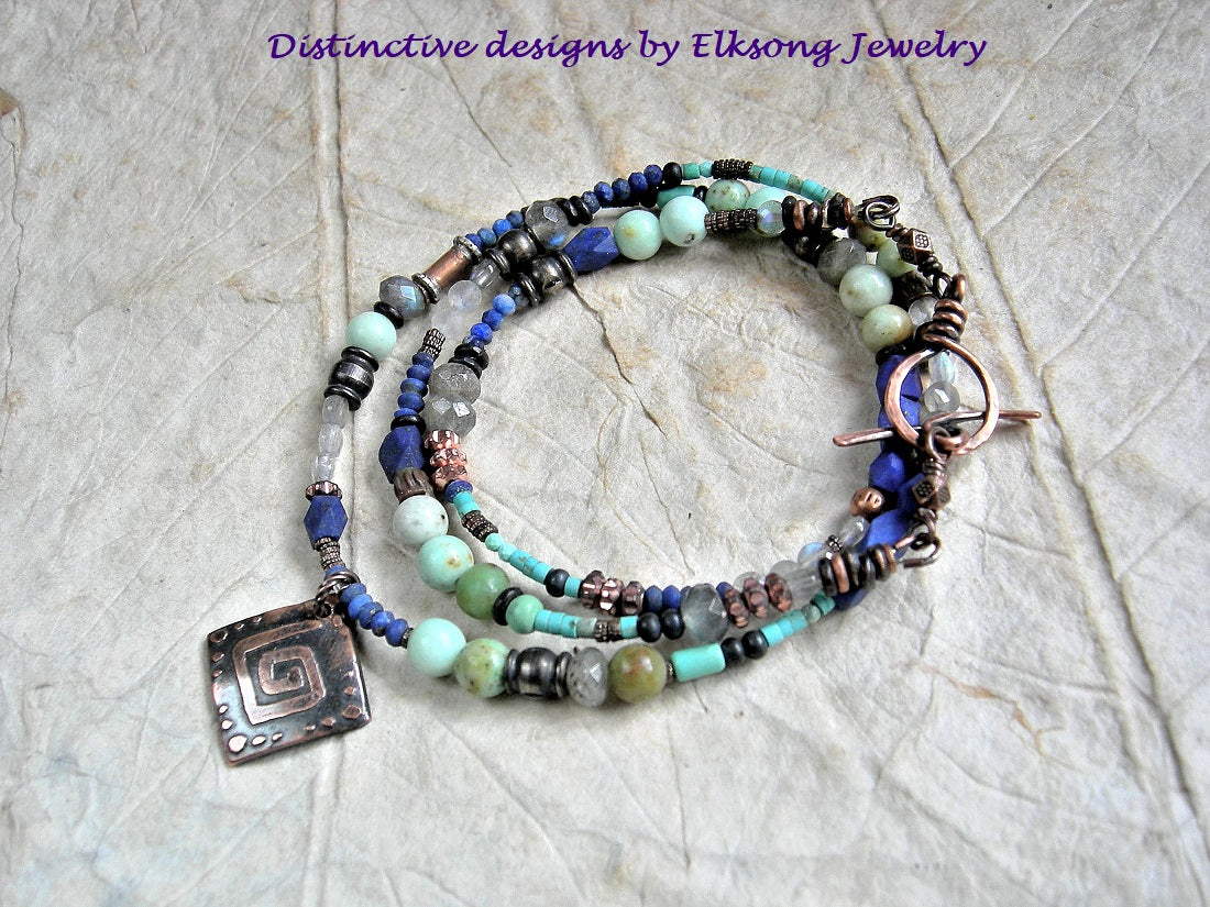 Earthy Blues, gemstone & copper wrap bracelet/necklace with lapis, turquoise, chrysoprase & labradorite. Etched copper focal.