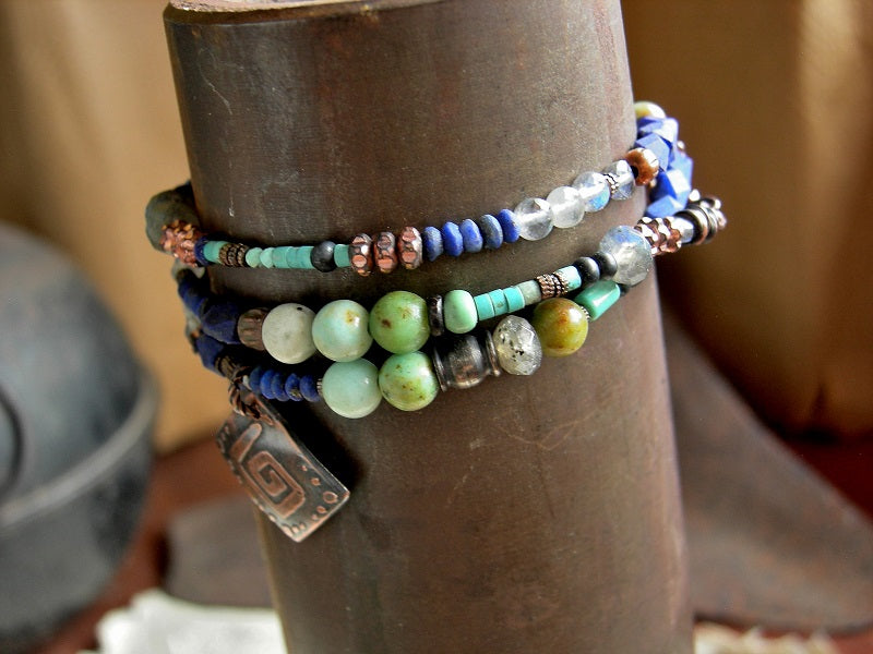 Richly colored gemstone & copper wrap bracelet/necklace with lapis, turquoise, chrysoprase & labradorite. Etched copper focal.