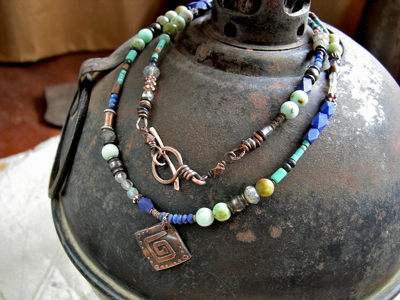 Asymmetrical strung bead gemstone & copper wrap bracelet/necklace with lapis, turquoise, chrysoprase & labradorite. Etched copper focal.