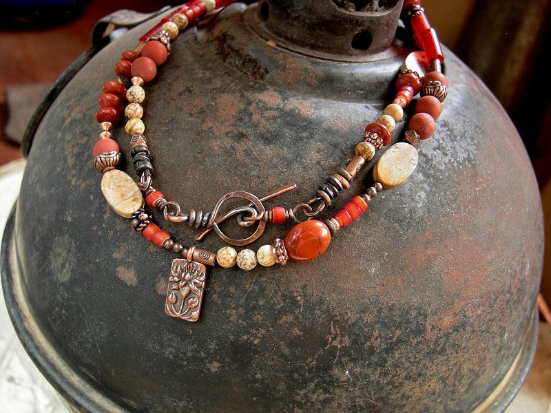 Earthy elegant, Fire Lotus wrap bracelet/necklace with red & brown picture jasper, copper beads, toggle clasp & lotus charm. 