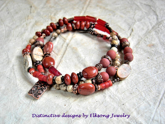 Fire Lotus asymmetrical wrap bracelet/necklace with red & brown picture jasper, copper beads, toggle clasp & lotus charm. 