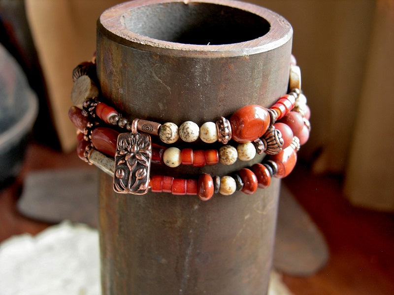 Boho luxe asymmetrical strung bead wrap bracelet/necklace with red & brown picture jasper, copper beads, toggle clasp & lotus charm. 