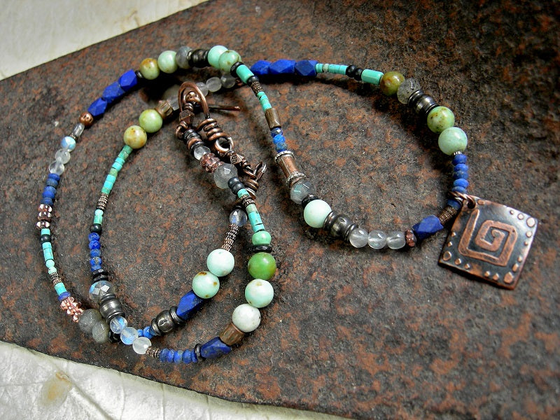Boho luxe gemstone & copper wrap bracelet/necklace with lapis, turquoise, chrysoprase & labradorite. Etched copper focal.